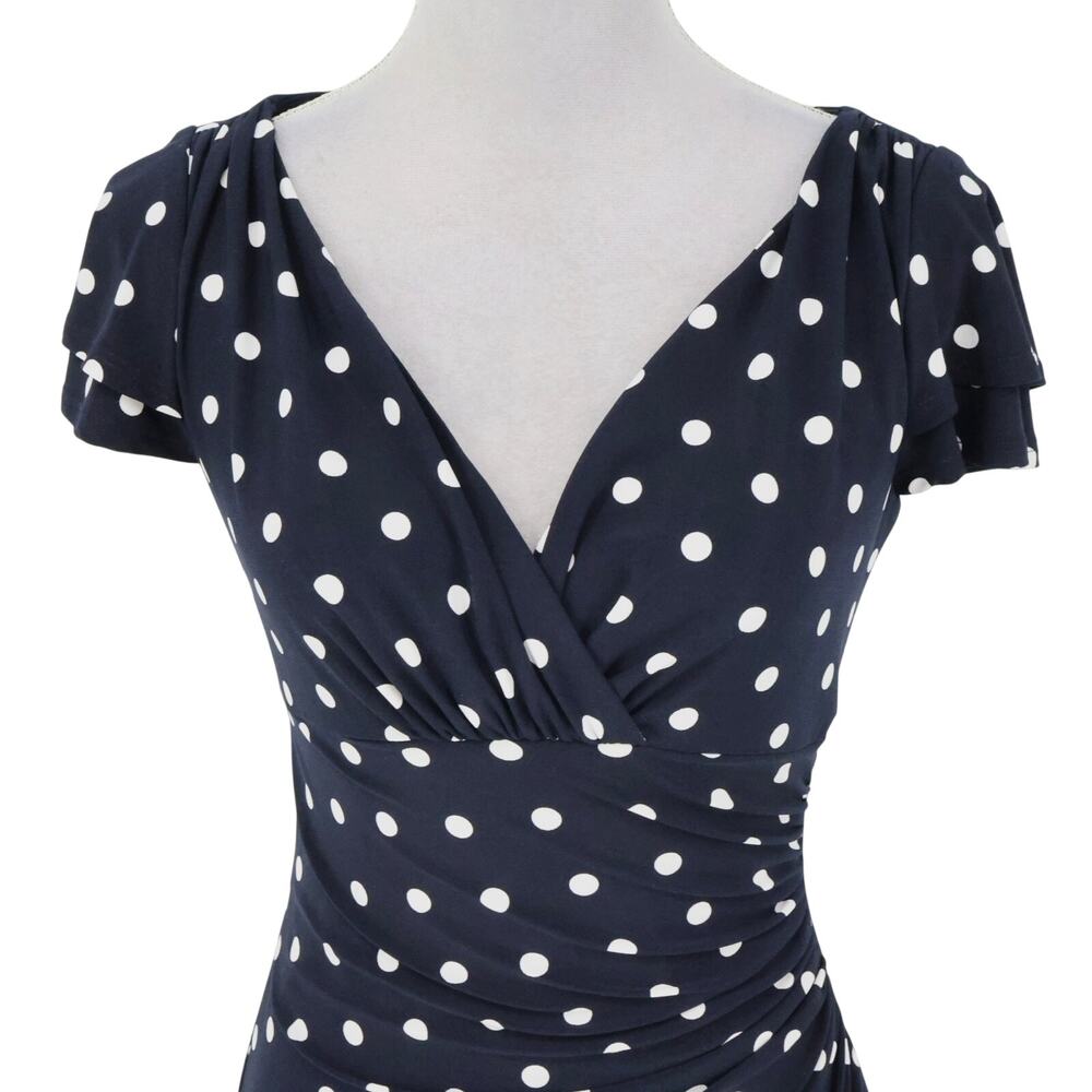 LRL Ralph Lauren Dress Womens 4 Navy Blue White Polka Dot Stretch Knit Faux Wrap - Picture 7 of 15